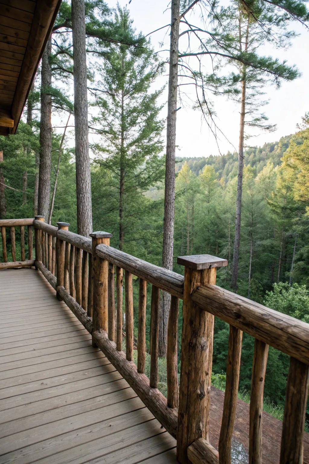 Log railings enhance the rustic charm of outdoor decks.