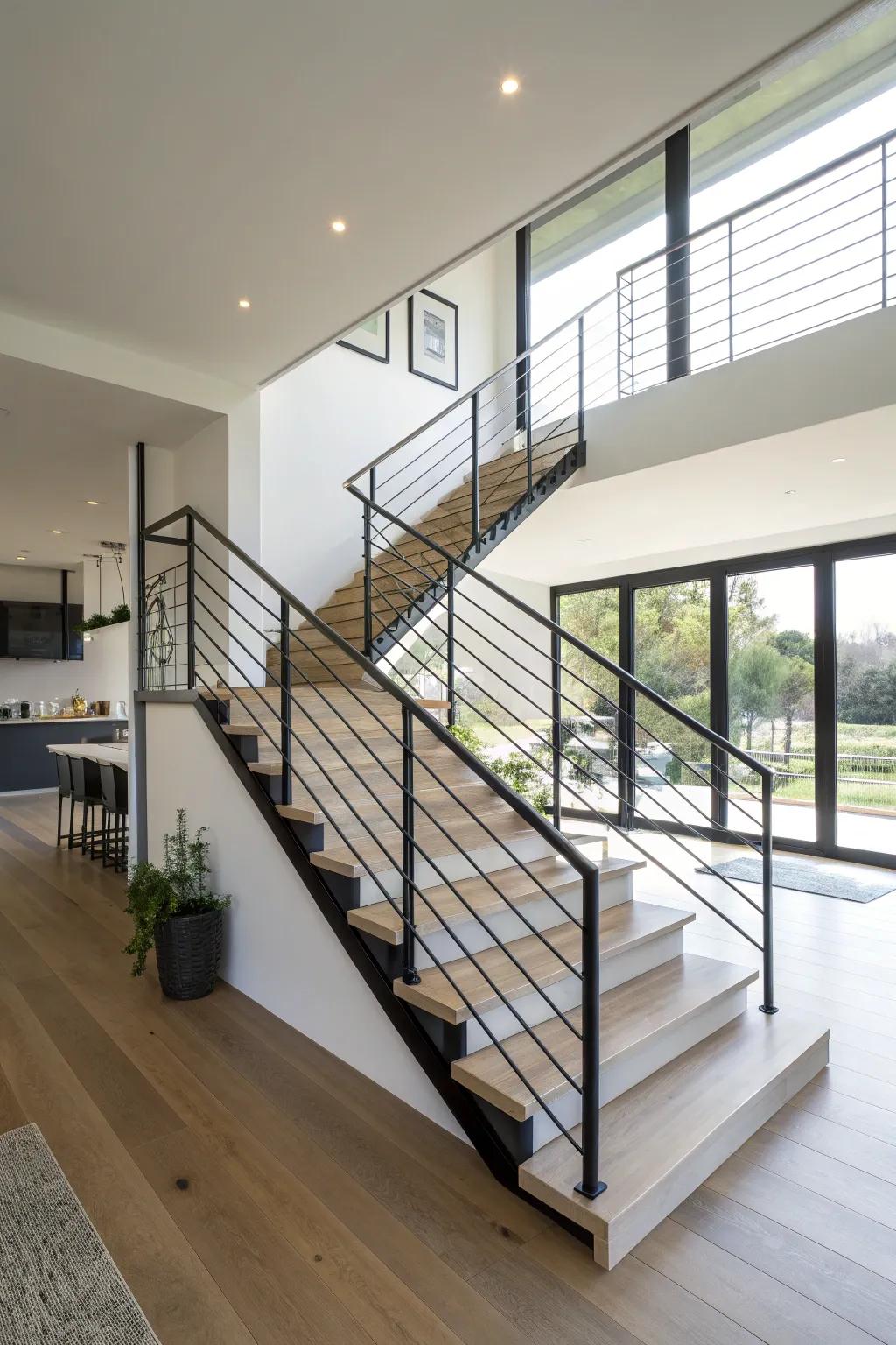 Minimalist railings enhance the floating staircase illusion.