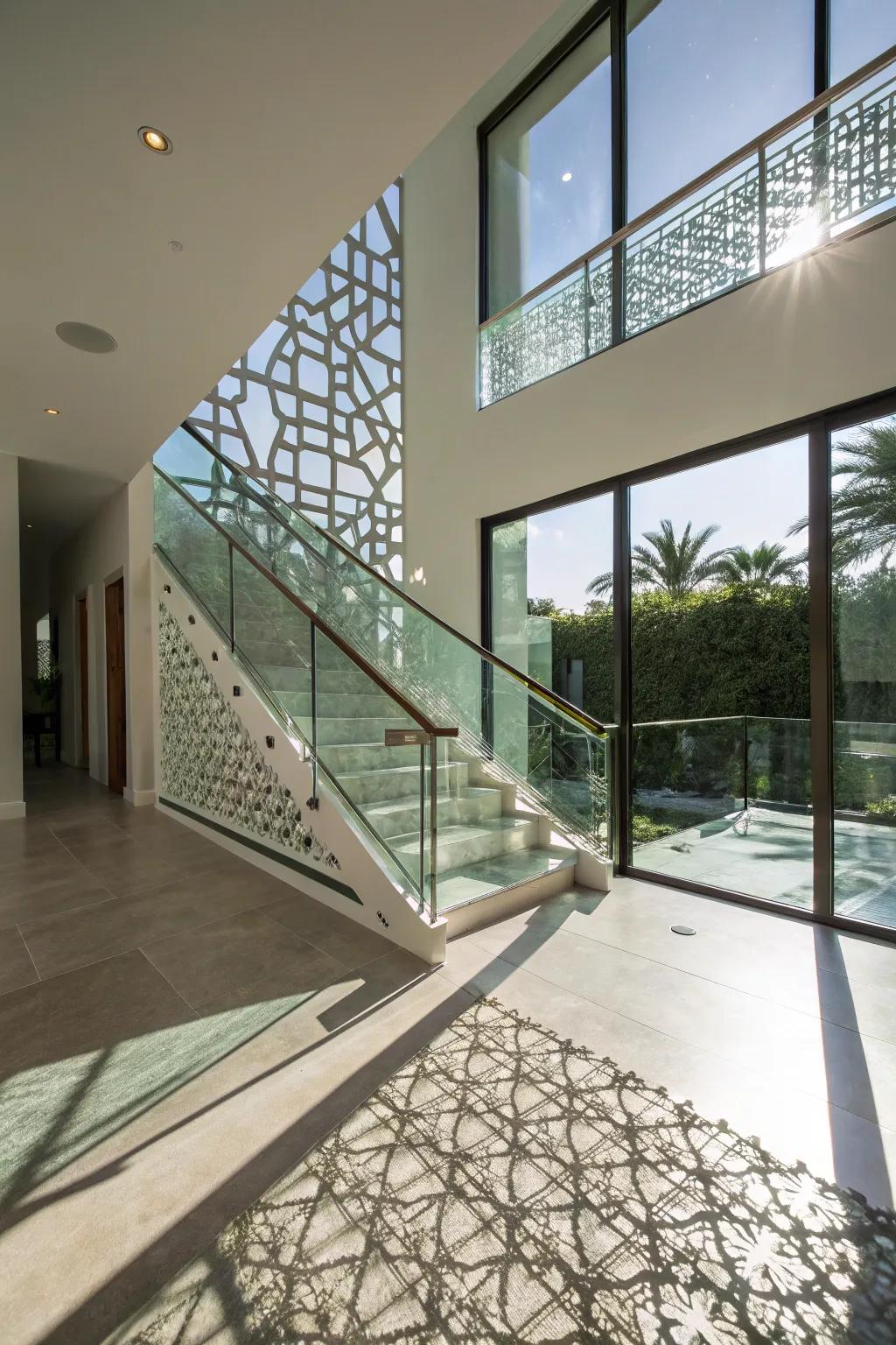Patterned glass railings blend art with functionality.