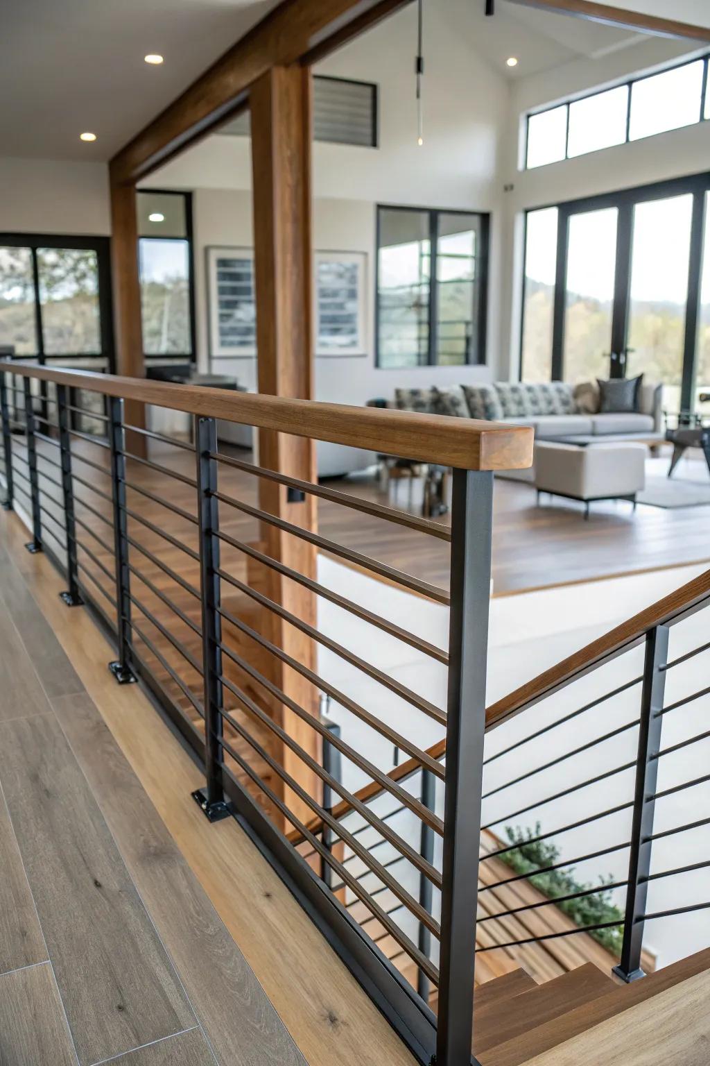 Mixed materials create stunning contrasts in railing designs.