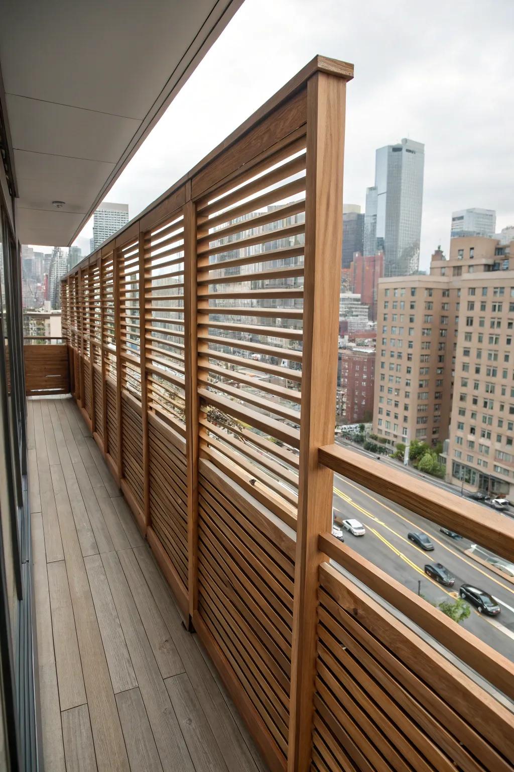 Wooden screens provide privacy in urban settings.