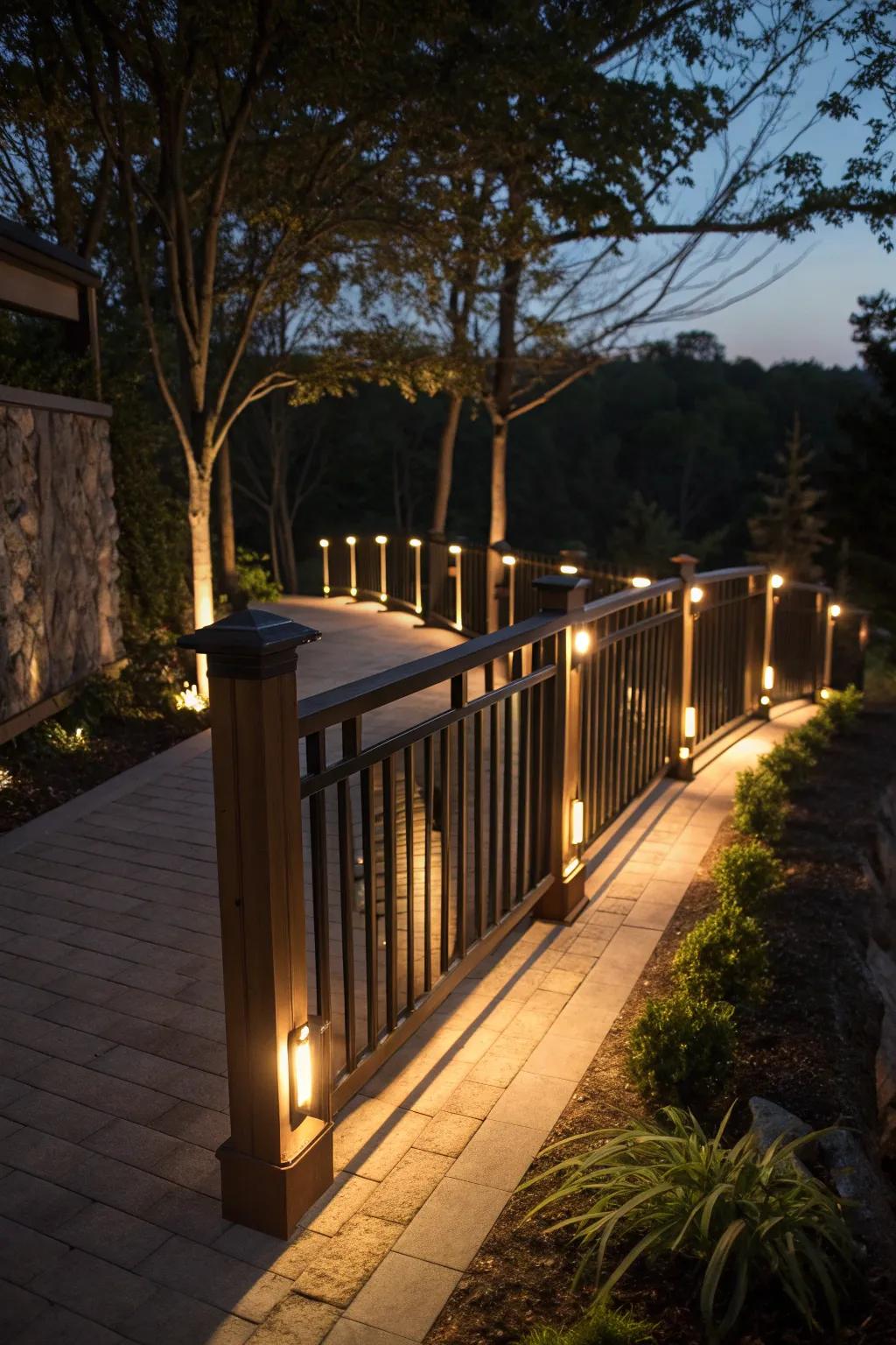 Lighted railings add ambiance to evening outdoor gatherings.