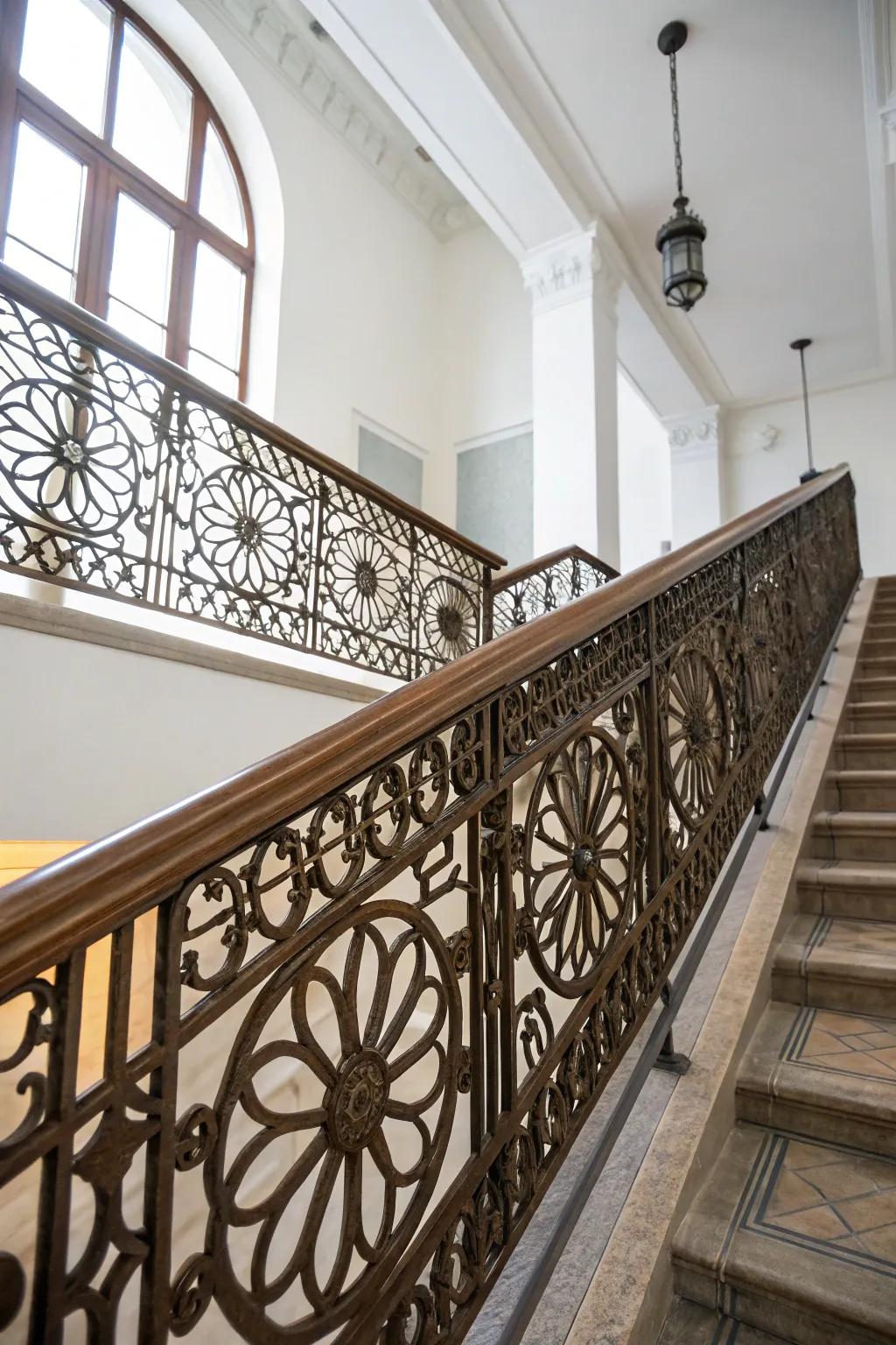 Custom metalwork railings serve as artistic focal points.