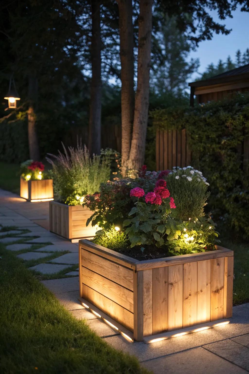 Illuminated planters create a magical ambiance for evening enjoyment.