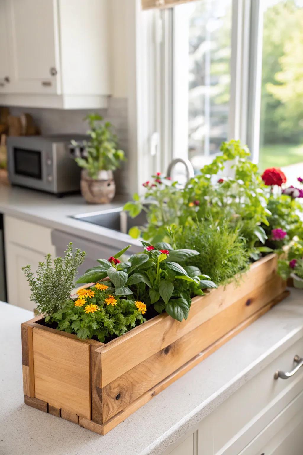 Window sill planters bring nature closer, perfect for a sunny kitchen.