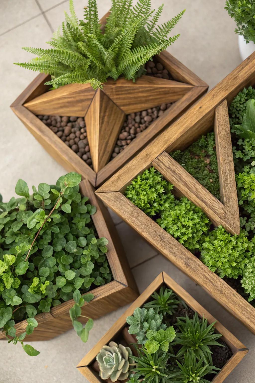 Geometric planters offer a modern aesthetic to any garden space.