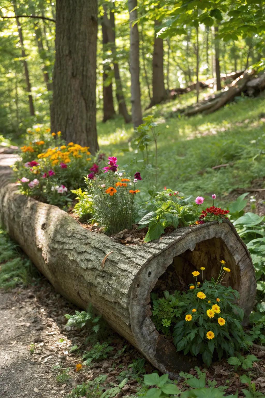 Log planters bring a touch of rustic nature to your garden decor.