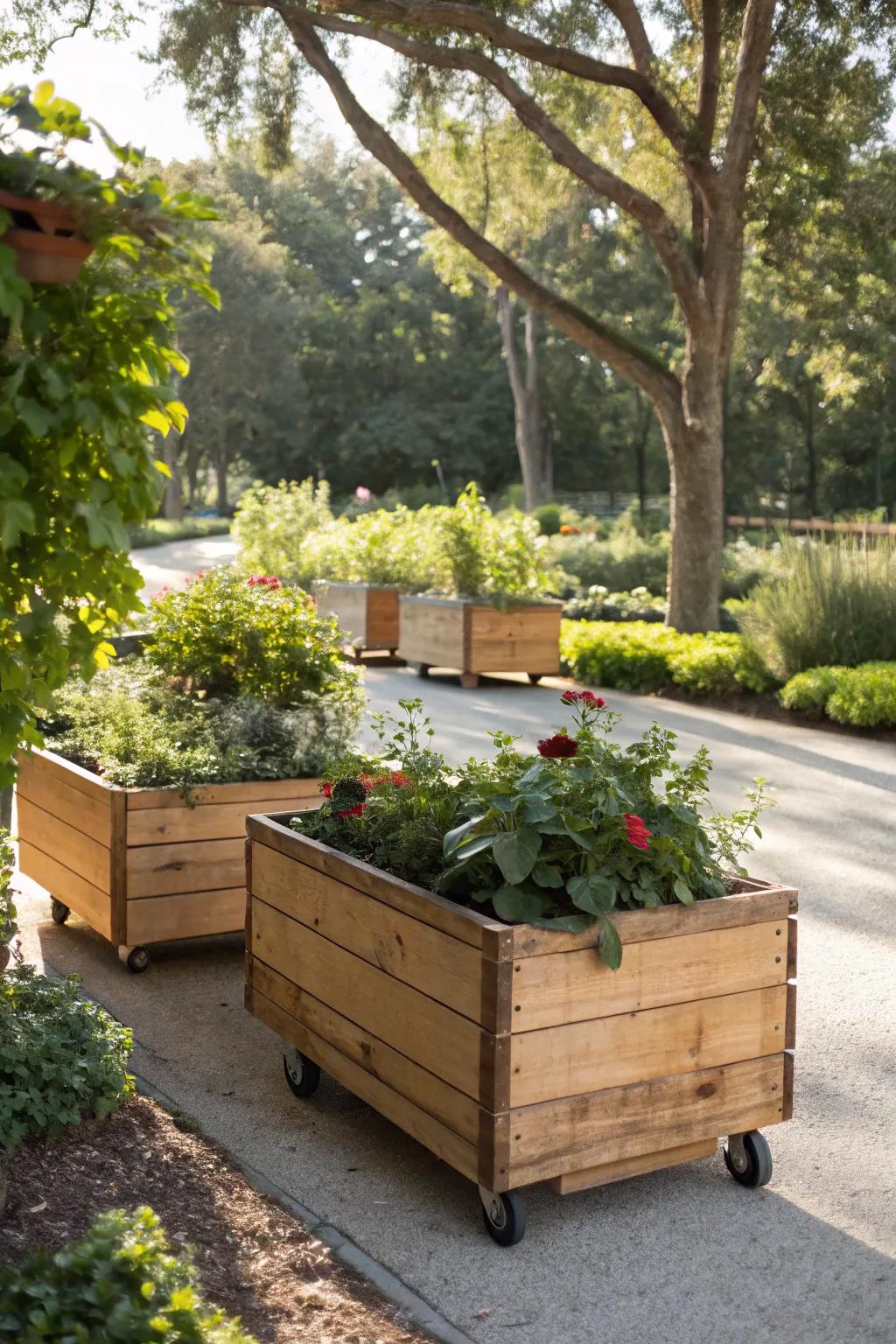 Mobile planters allow for easy rearrangement and creative garden layouts.