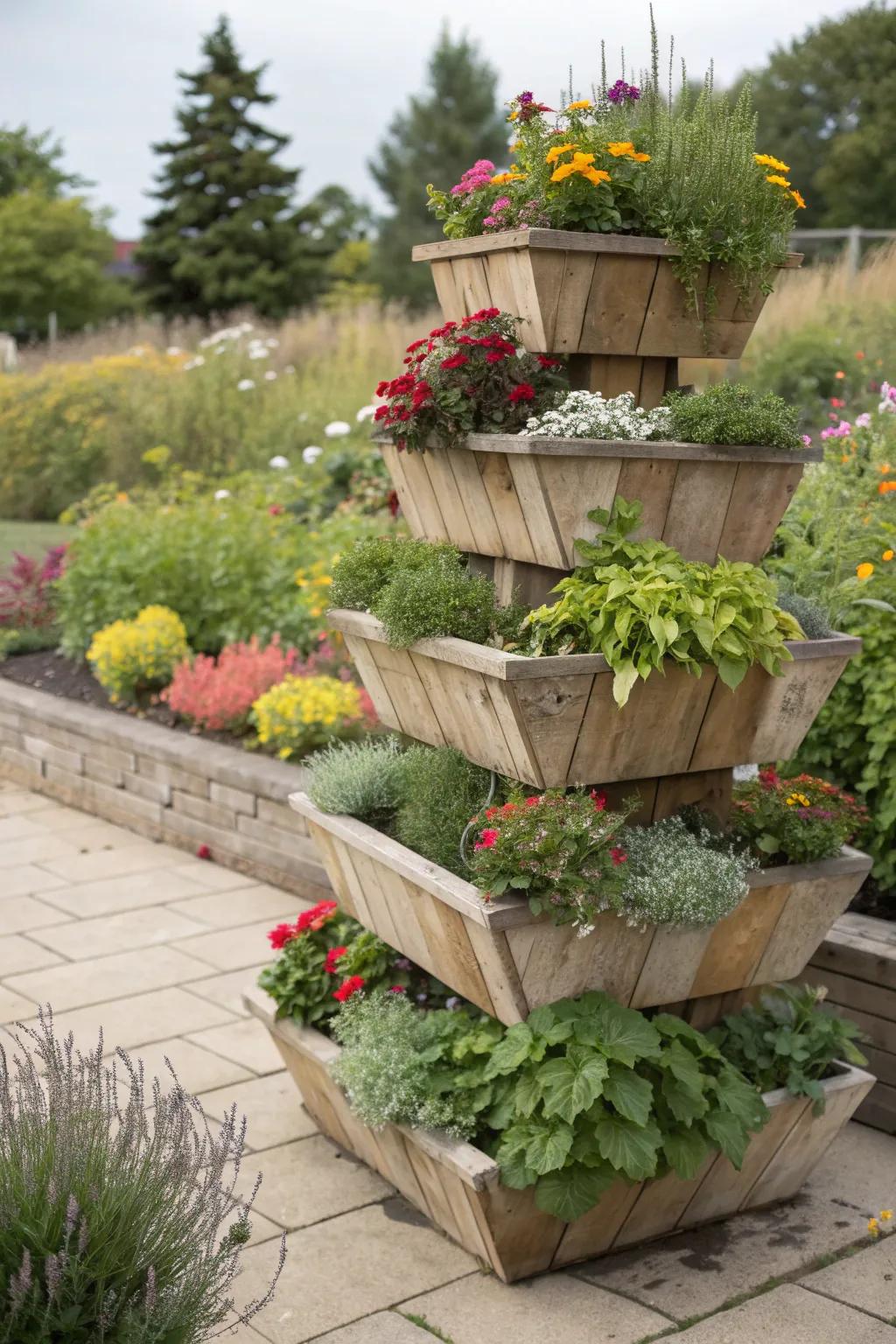 Tiered planters add dimension and allow for creative plant arrangements.