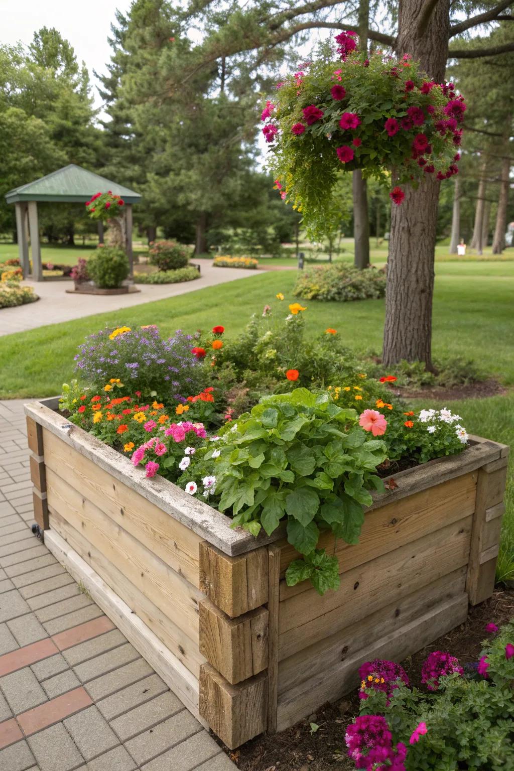 Corner planters make effective use of garden space and add visual interest.