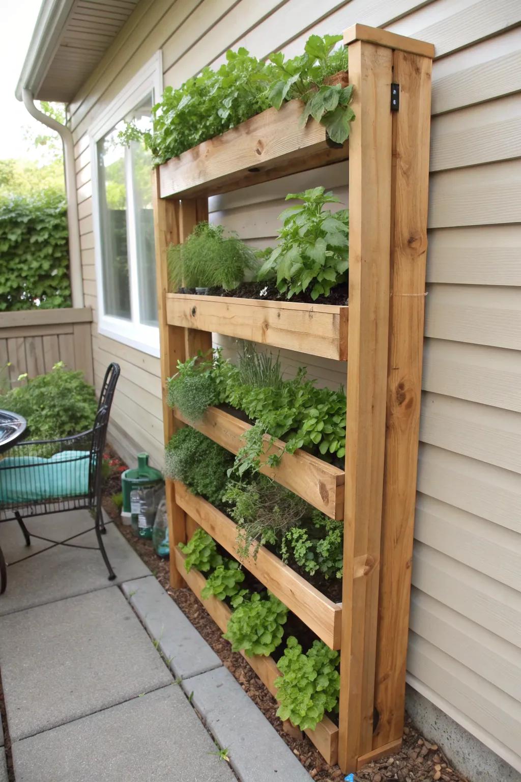 A vertical herb garden transforms a small patio space into a productive oasis.