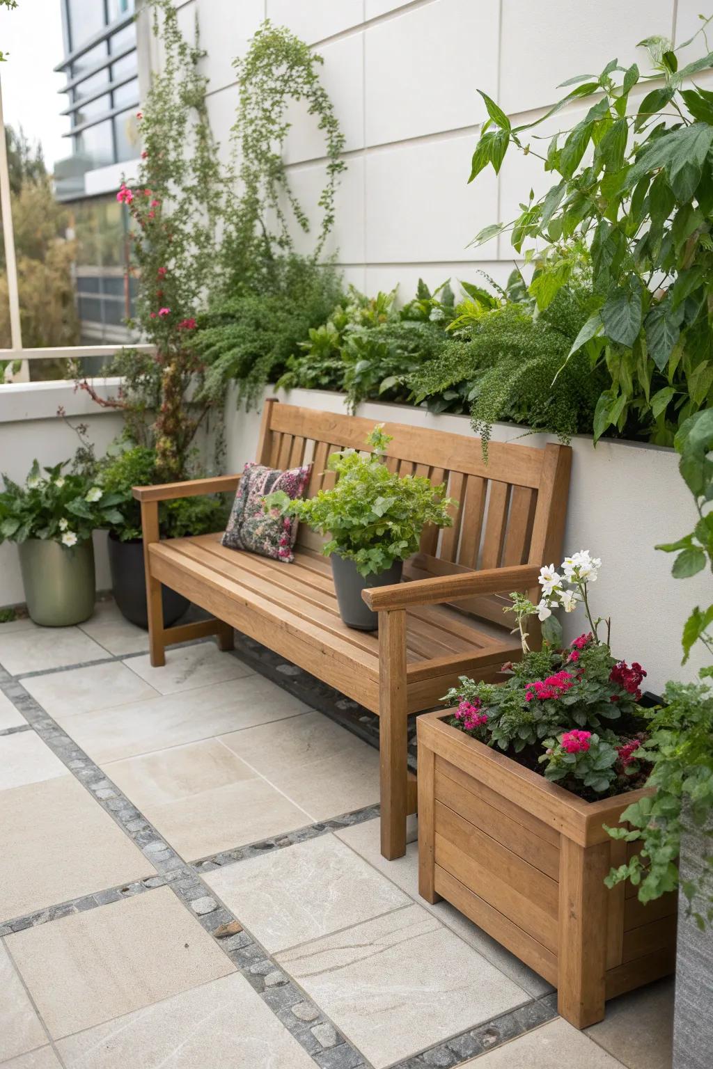 Planter benches provide seating and greenery, ideal for patios and decks.