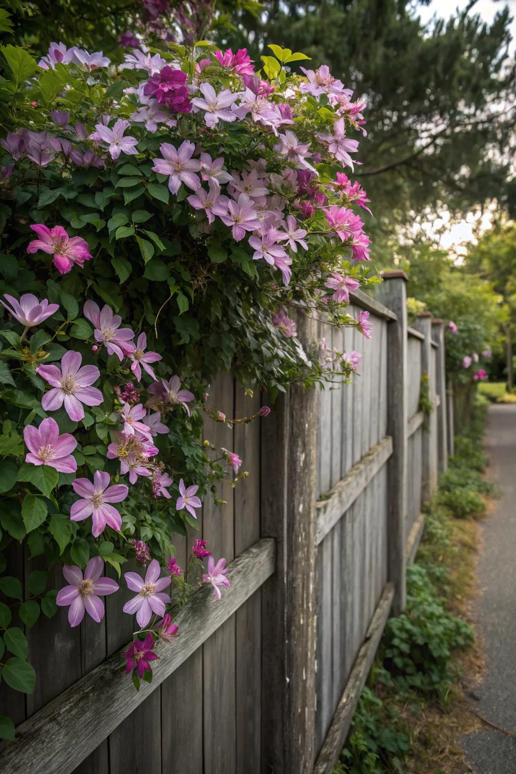 A wooden fence transformed into a colorful masterpiece with blooming clematis flowers.