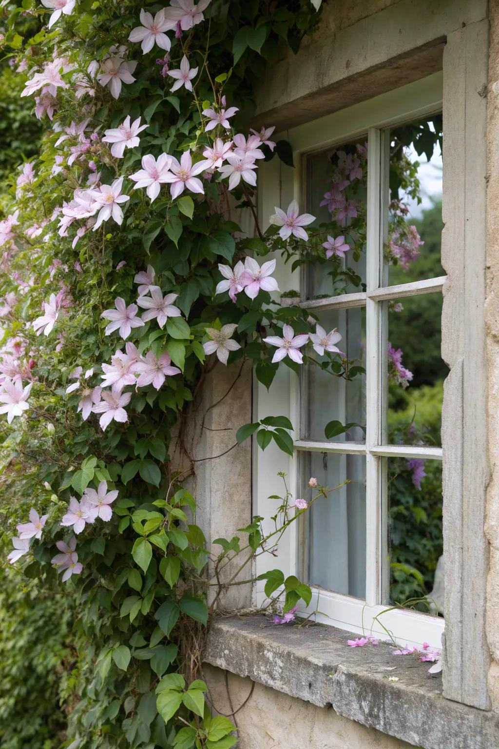 A window frame draped with clematis, adding a fairy-tale charm to the home's exterior.