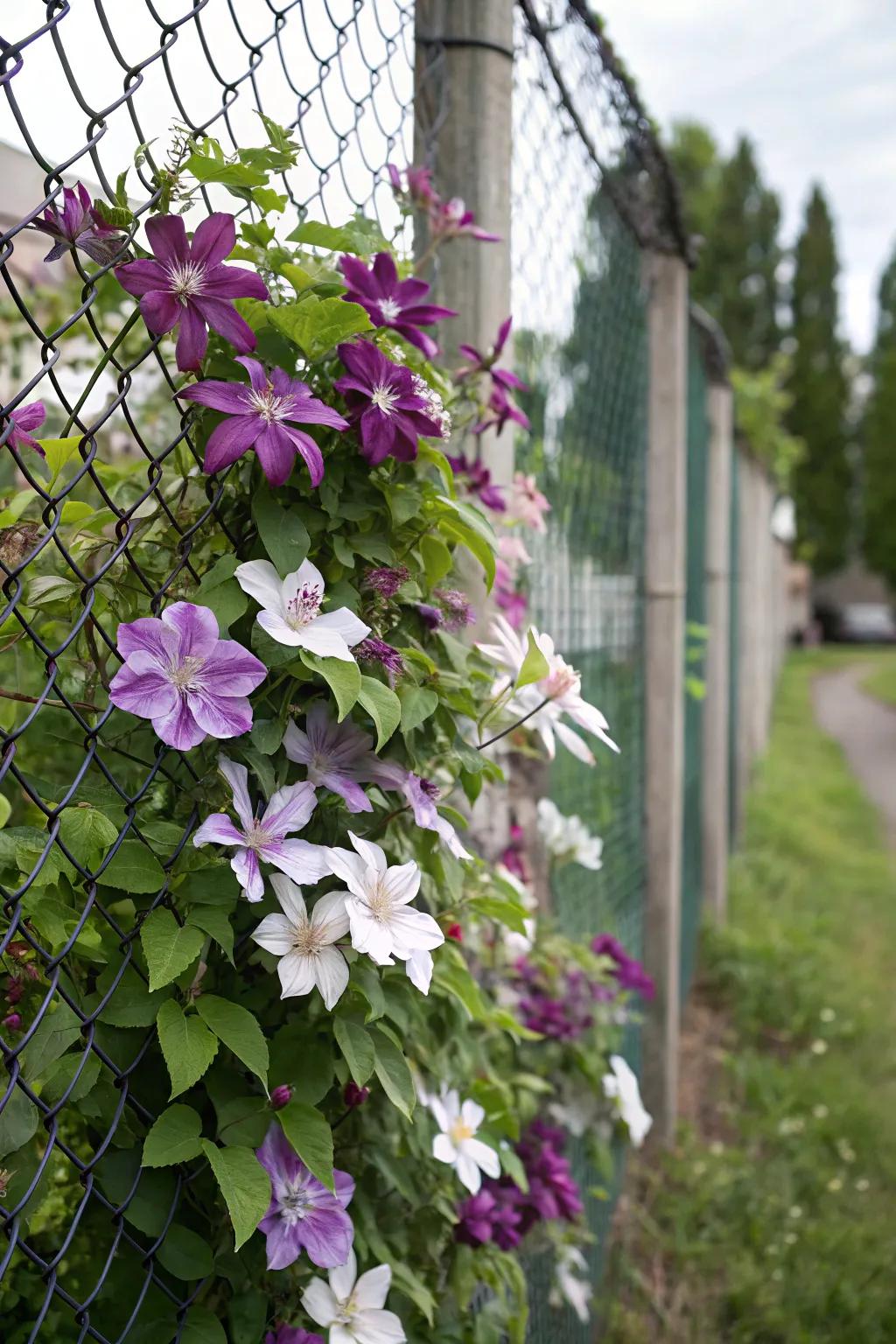 A chain link fence beautifully transformed with blooming clematis flowers.