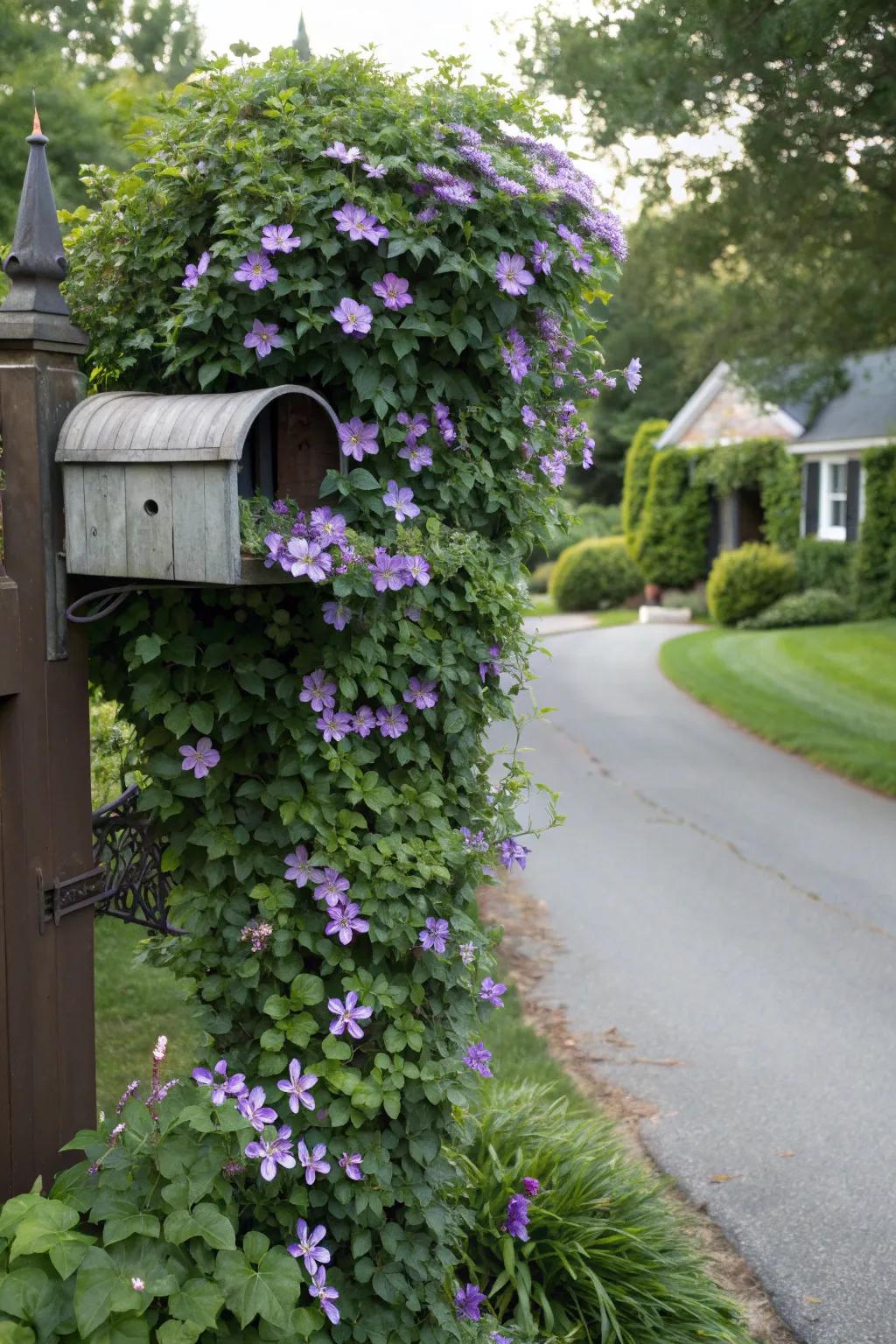 A mailbox charmingly covered with clematis flowers, enhancing the entrance's appearance.