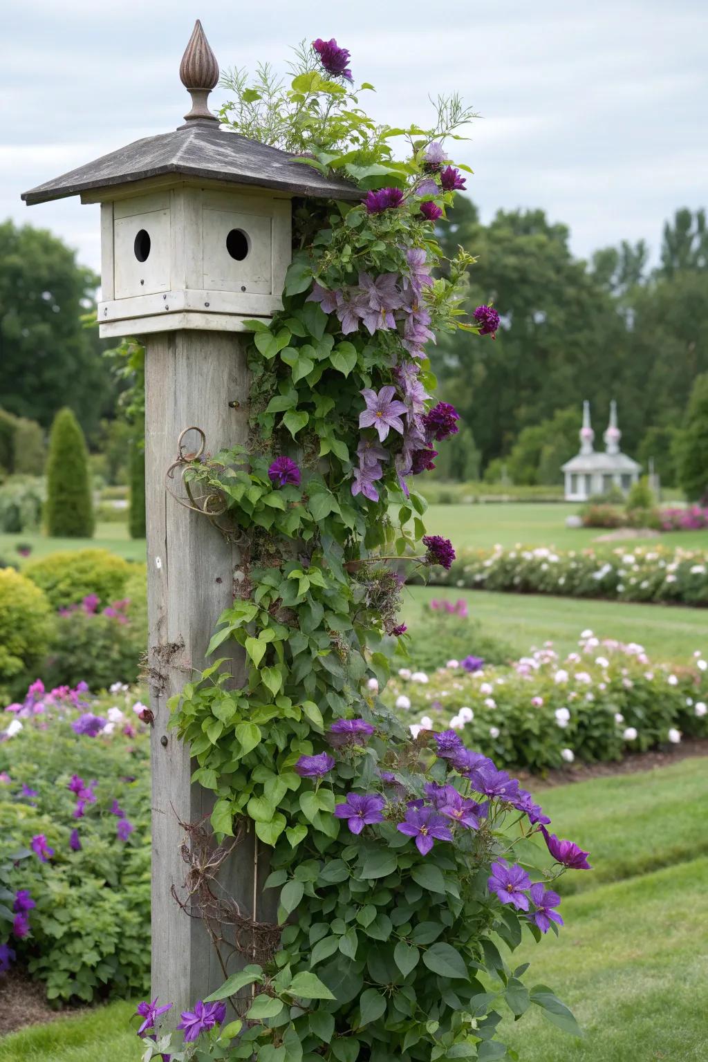 A birdhouse pole wrapped with clematis vines, adding whimsy and attracting birds to the garden.