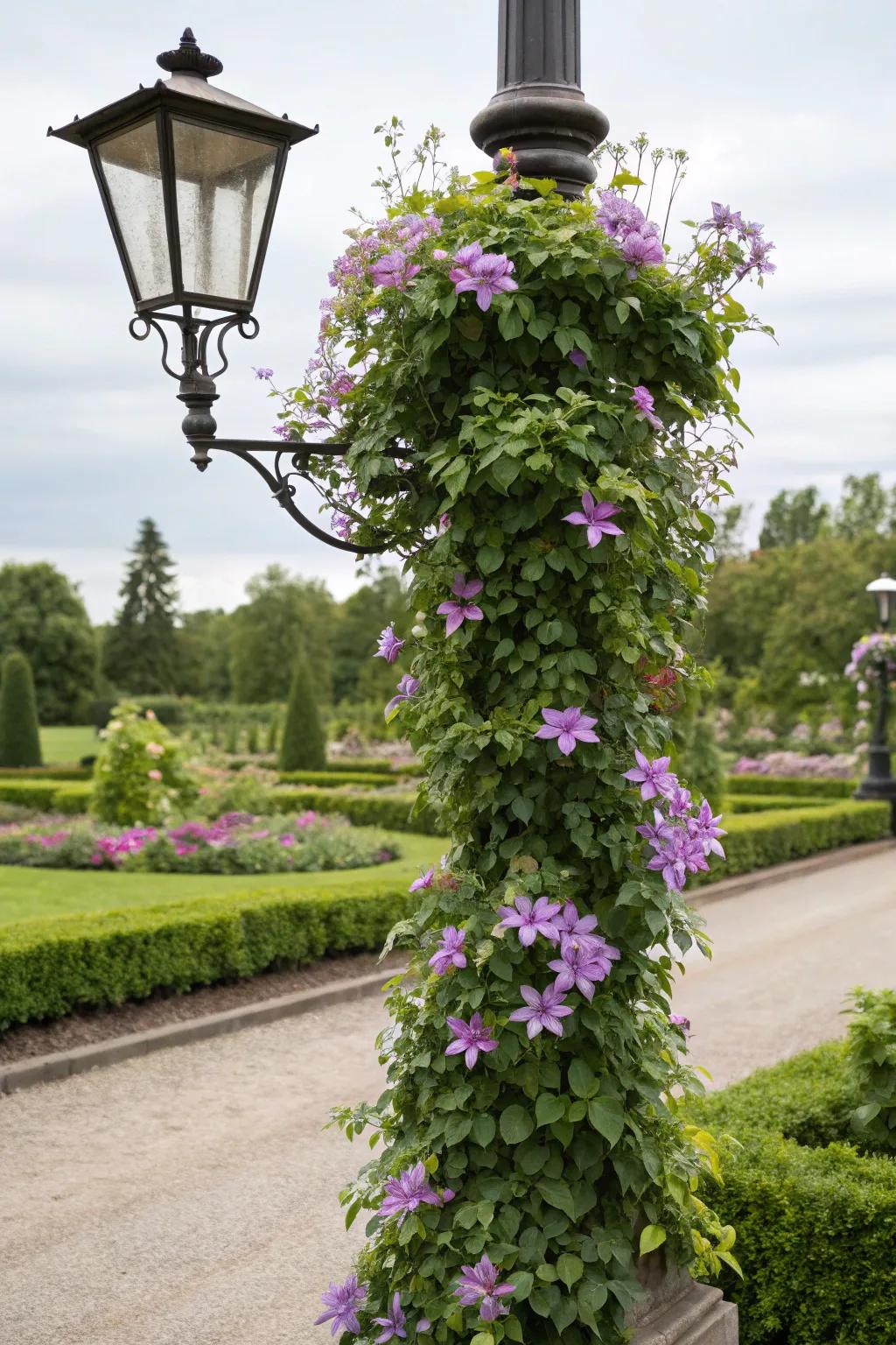 A lamp post adorned with clematis vines, enhancing the garden with evening blooms.