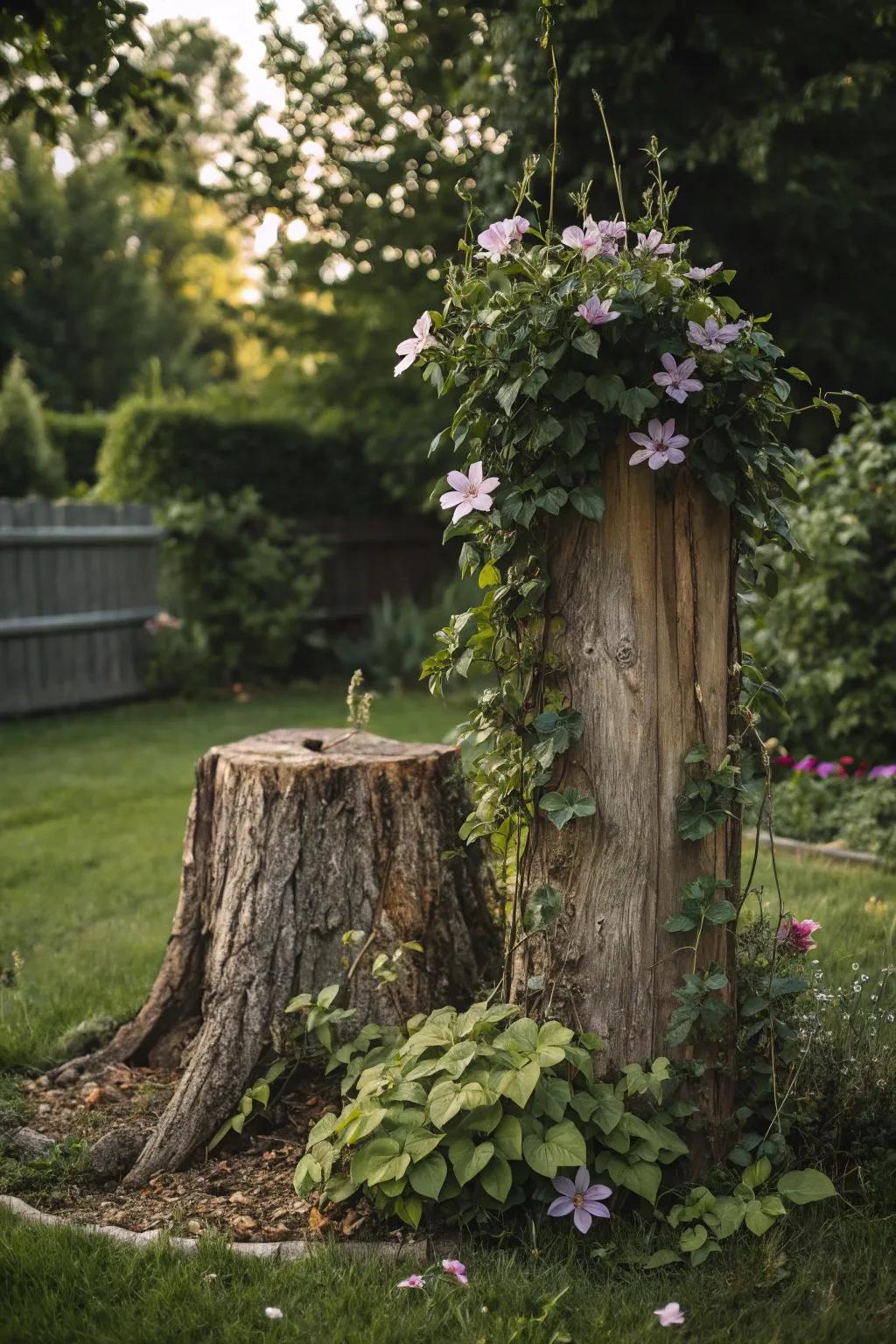 A tree stump creatively used as a clematis support, blending natural elements seamlessly.