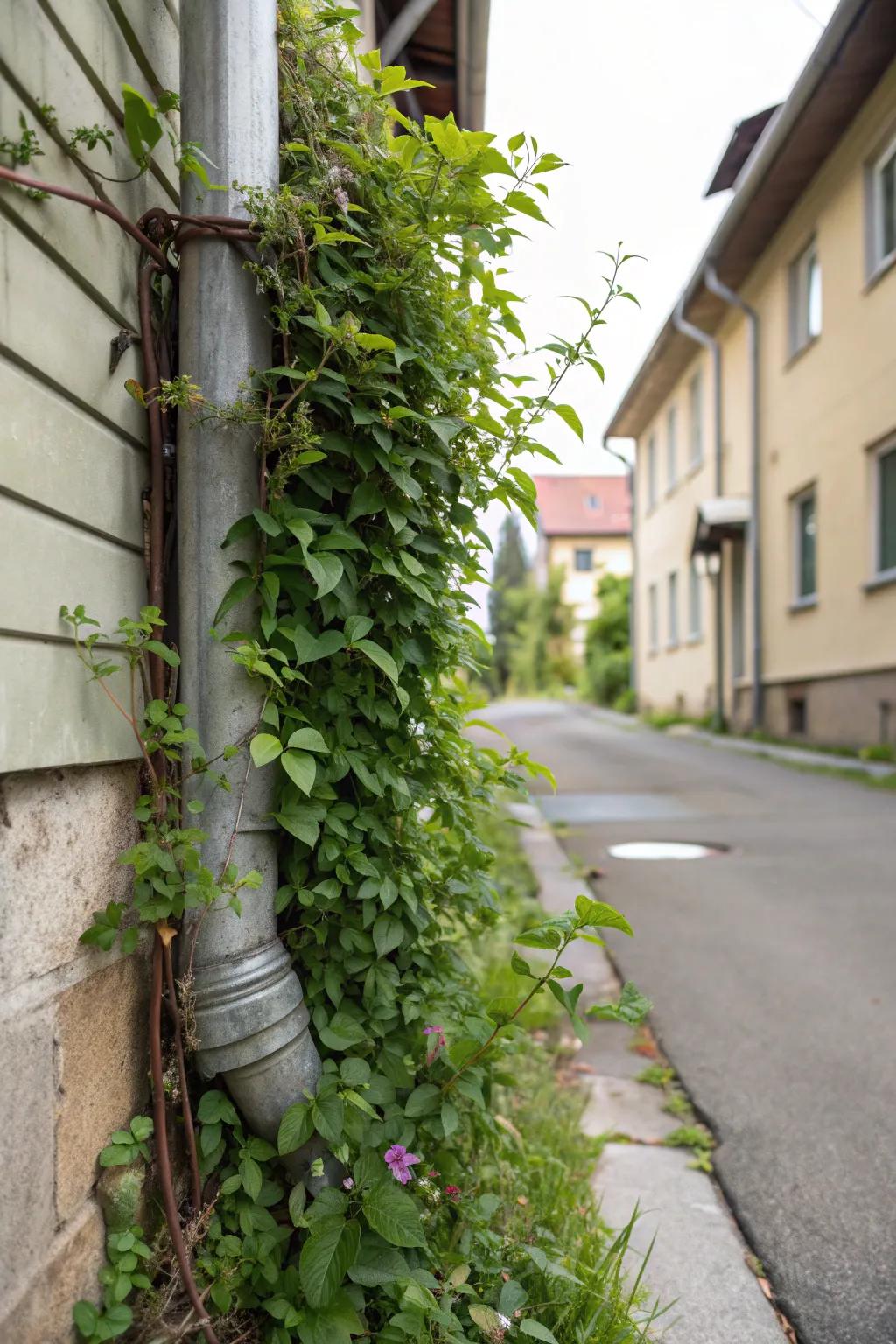 A gutter downspout with clematis vines climbing it, adding unexpected greenery and beauty.