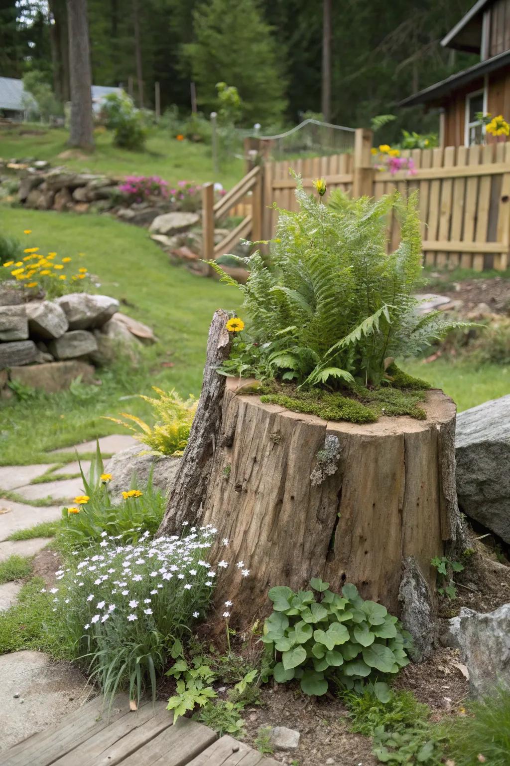 Tree stumps make for unique and rustic fern planters in gardens.