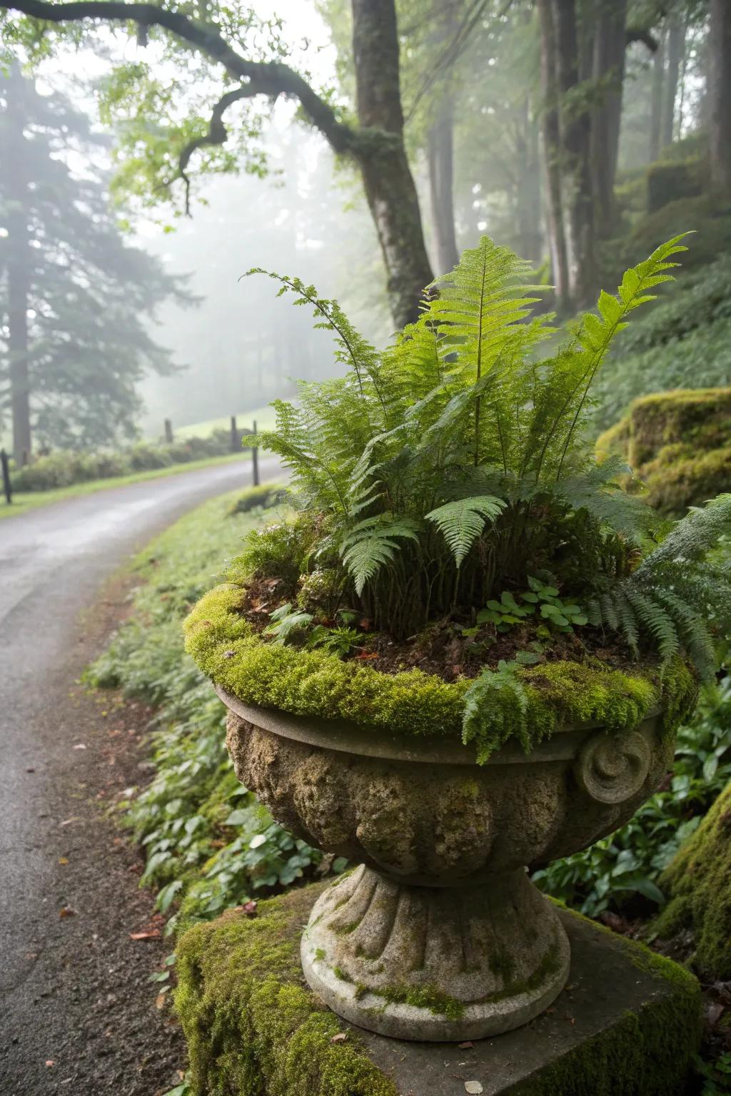 Combining ferns with moss creates a calming, woodland garden atmosphere.