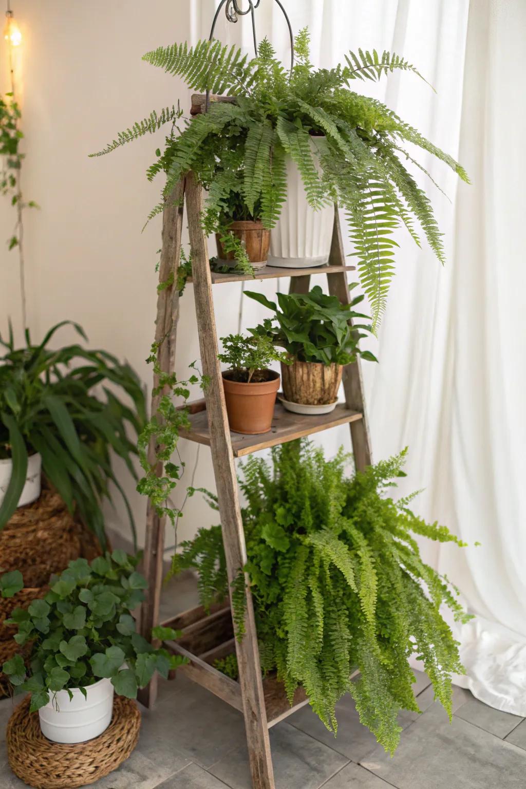 Tiered plant stands create depth and dimension in fern displays.