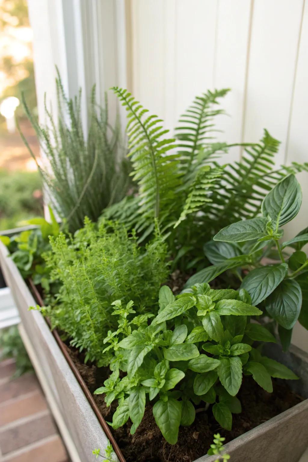 Combining ferns with herbs creates a functional and fragrant planter.