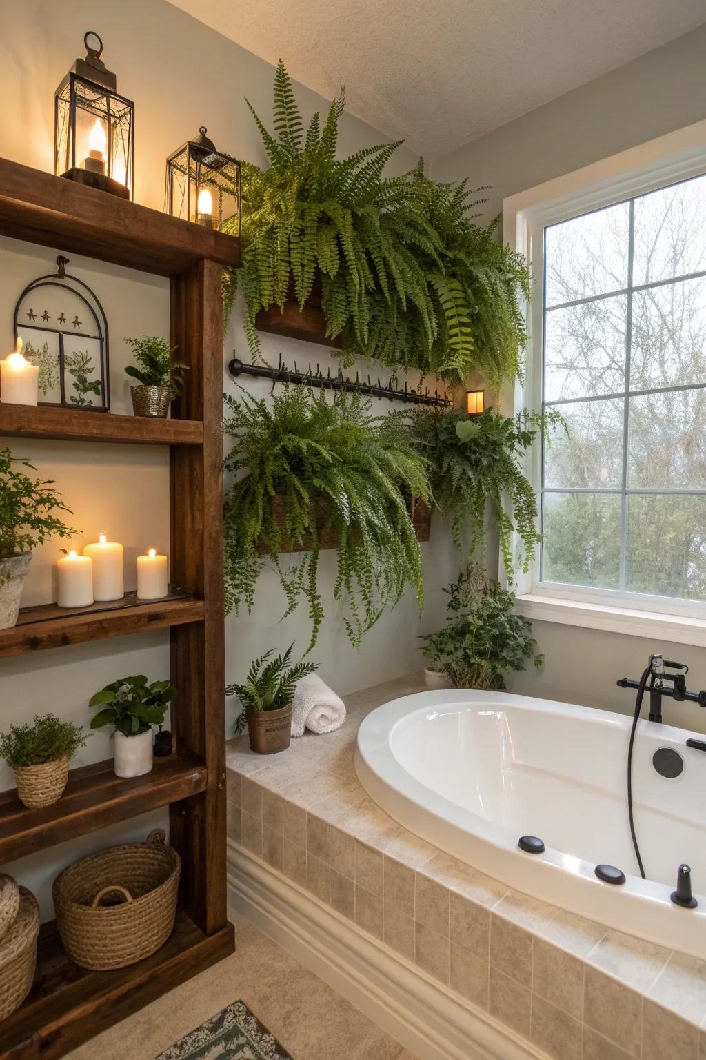 Ferns in the bathroom create a spa-like retreat with their lush greenery.