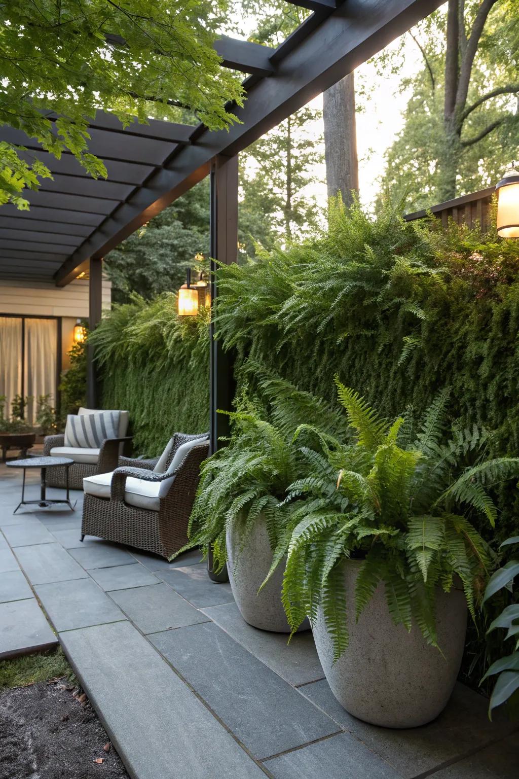 Ferns in large planters create a natural privacy screen on patios.
