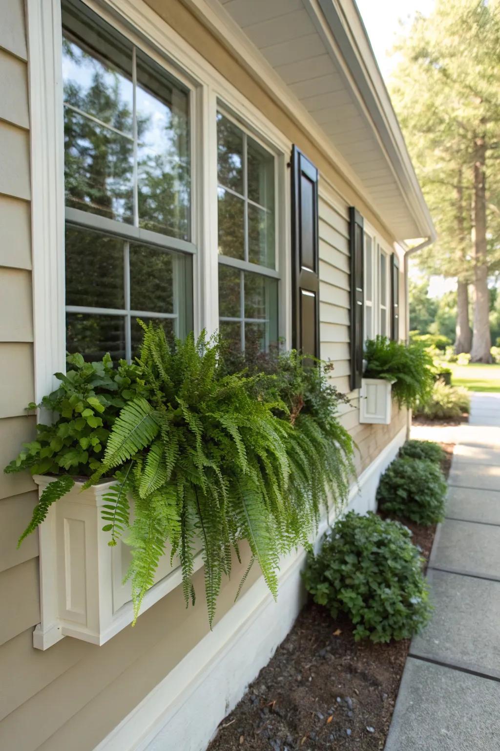 Fern-filled window boxes add a lush touch to home exteriors.
