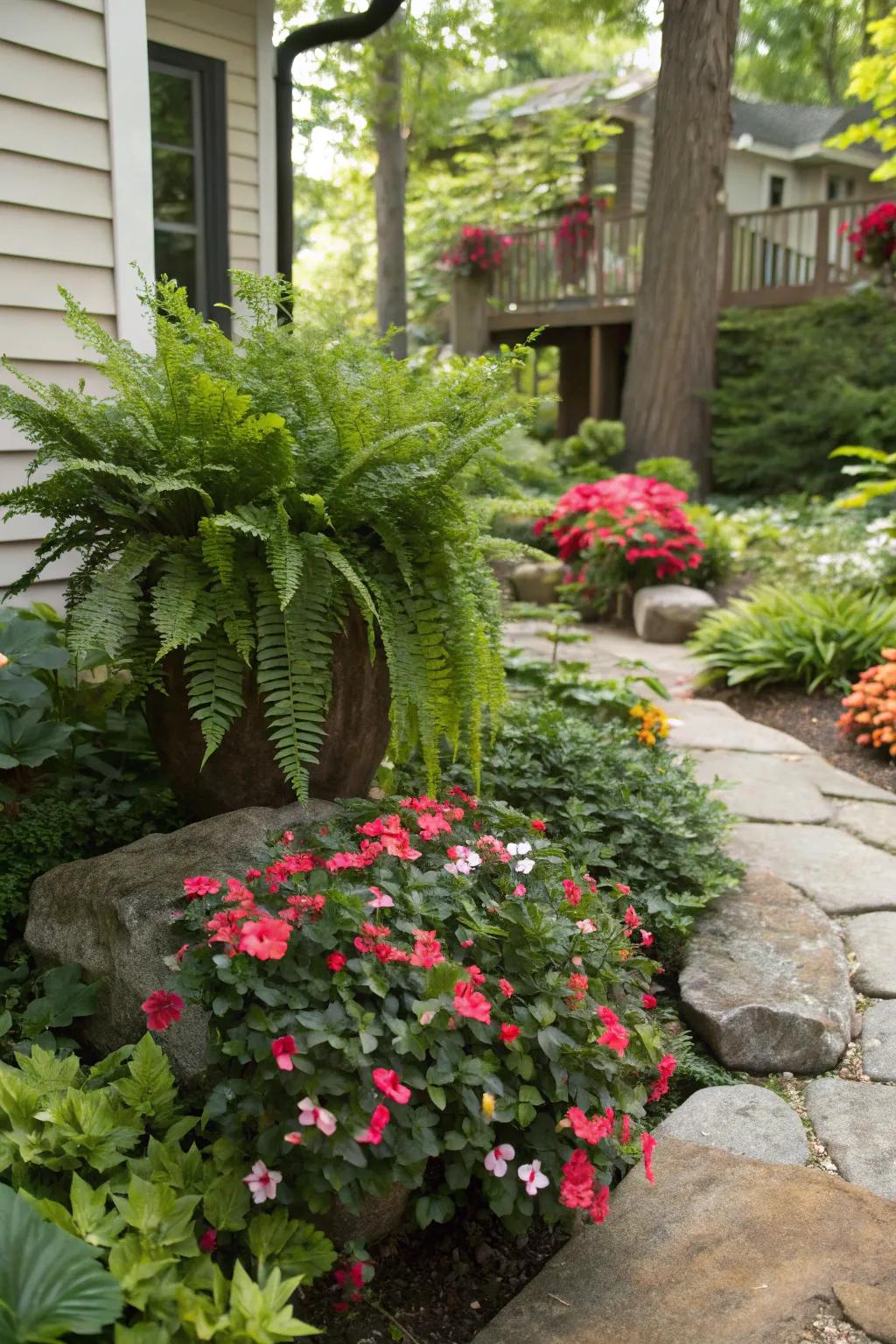 Ferns mixed with colorful flowers bring life to any shady garden spot.
