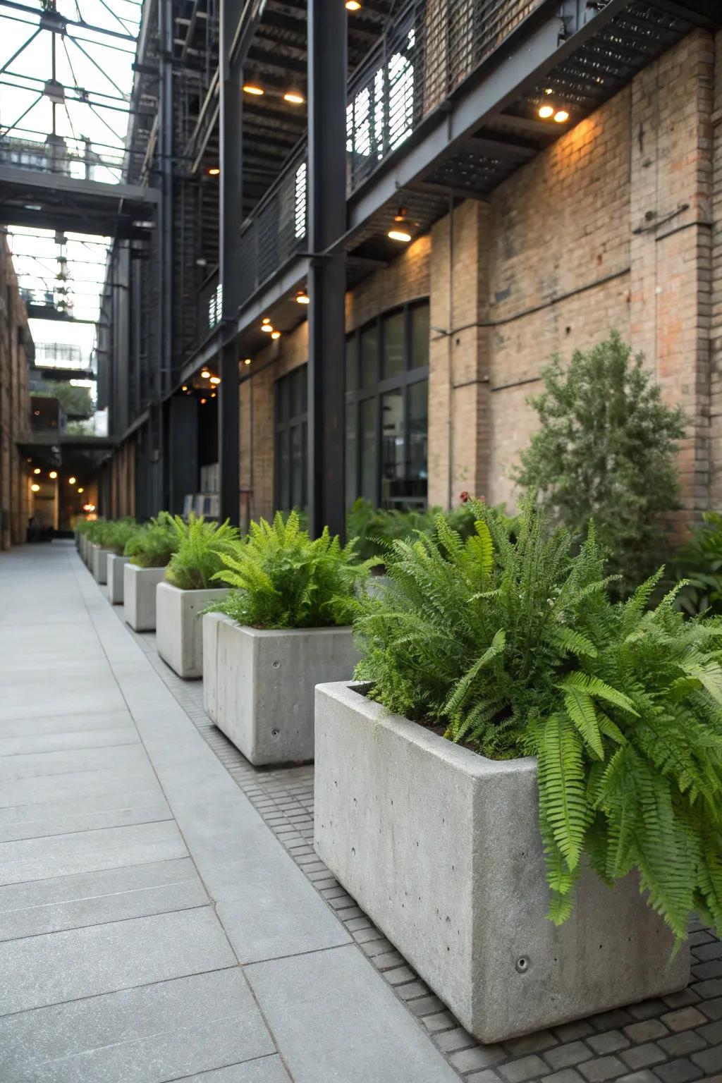 Concrete containers with ferns create a sleek, modern look in urban gardens.