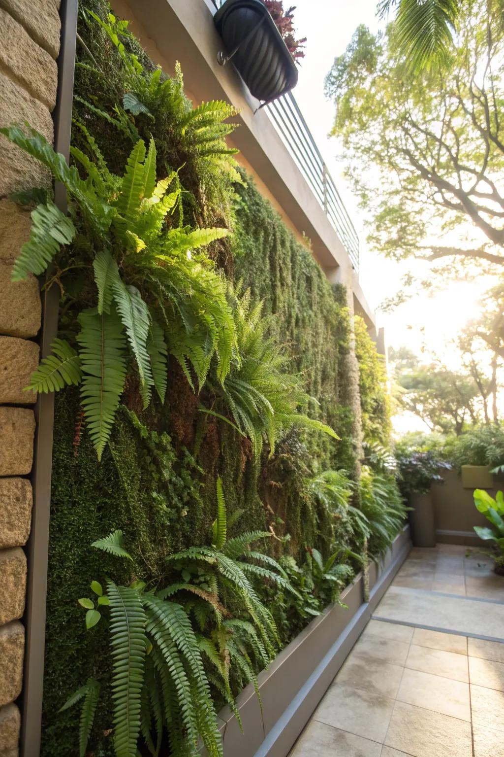 Vertical wall gardens filled with ferns offer a striking burst of greenery.