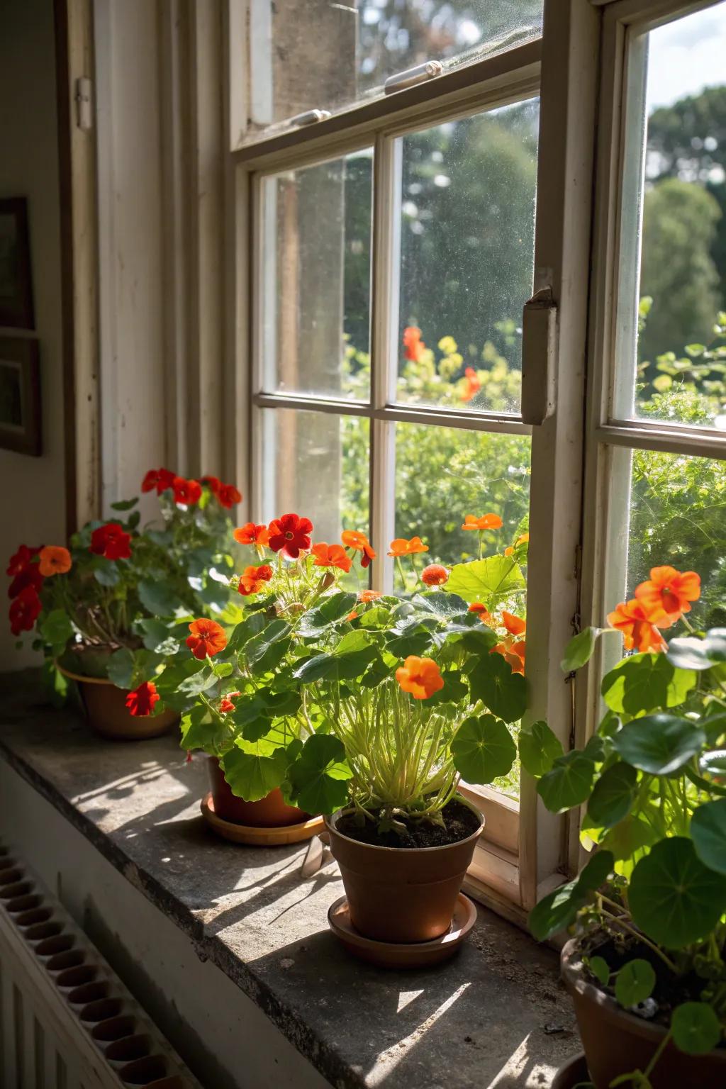 Edible flowers adding both beauty and flavor to a kitchen window.