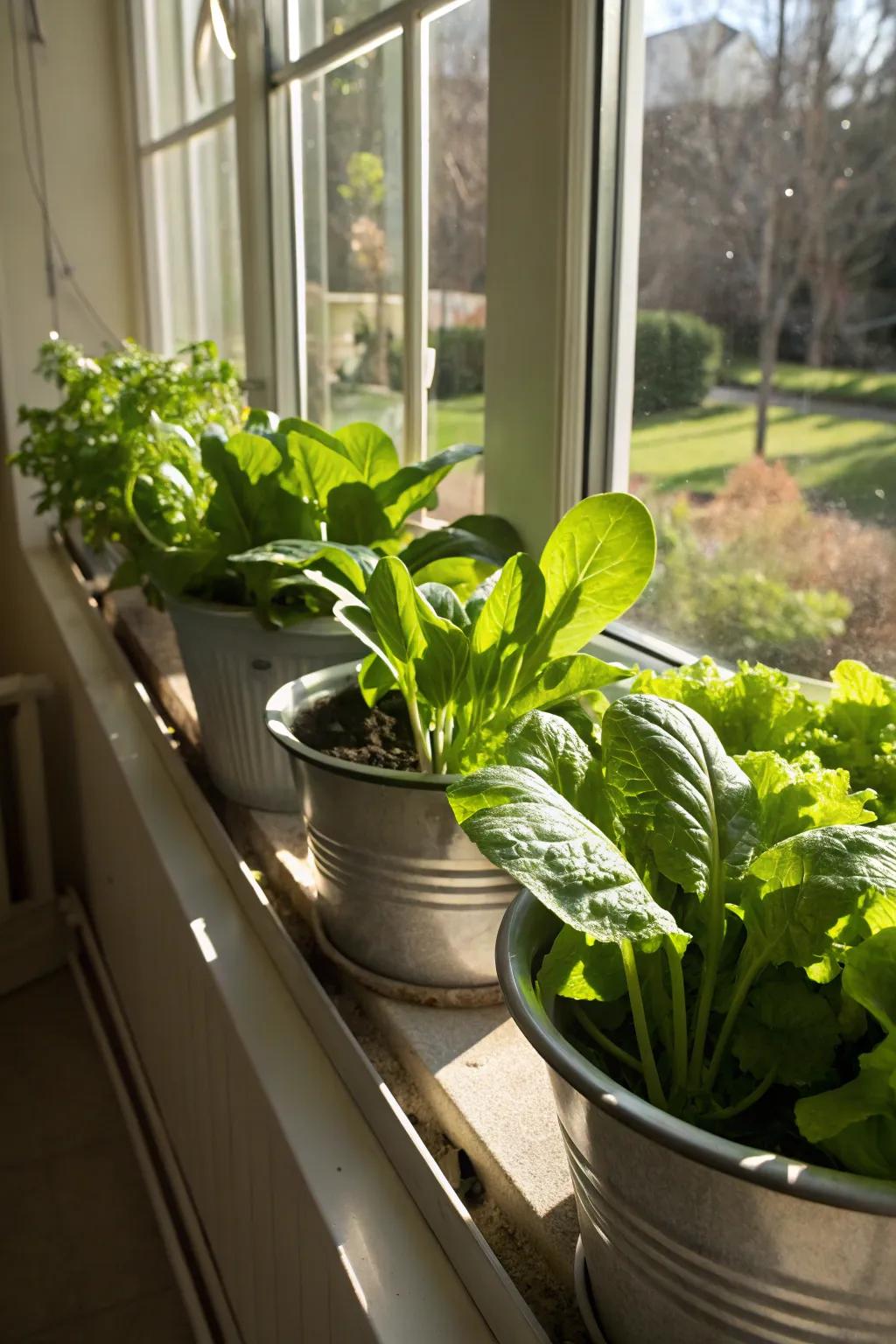 A kitchen window providing fresh, homegrown greens at your fingertips.