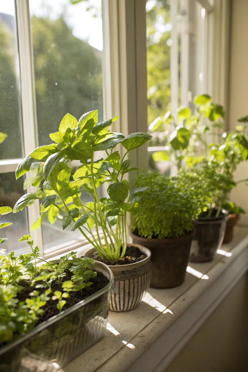 A thriving herb garden nestled in a sunny kitchen window.