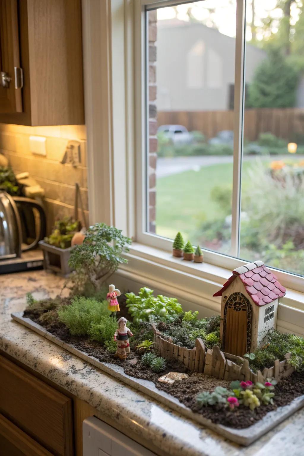 A magical fairy garden nestled in a kitchen window, sparking imagination.
