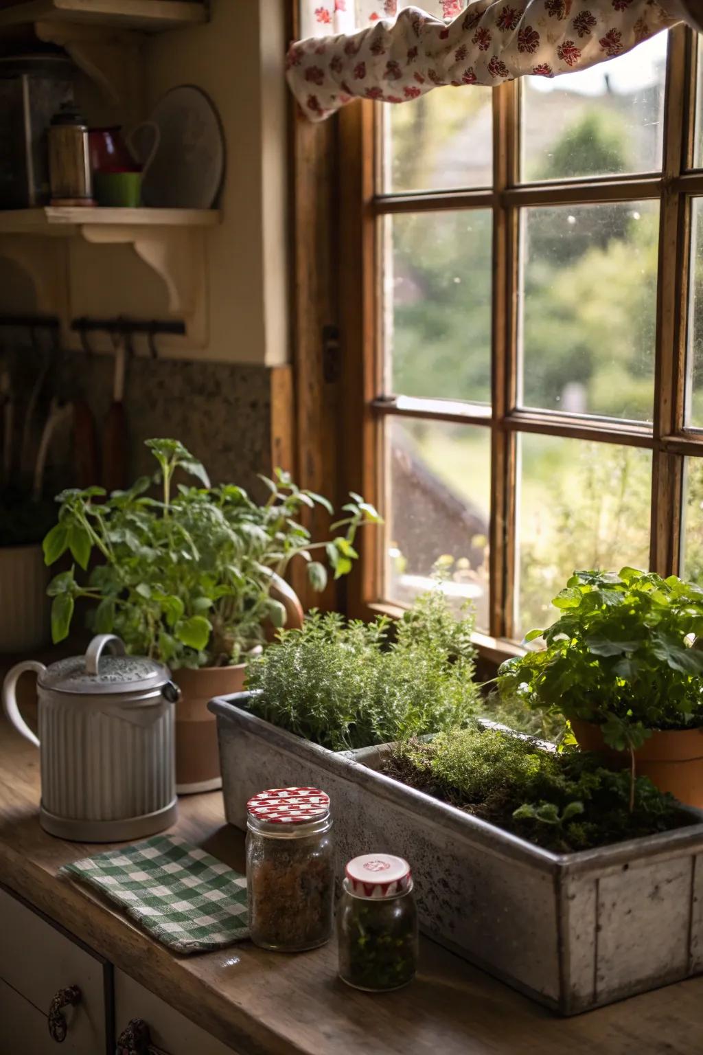 A kitchen window exuding vintage charm with unique plant containers.