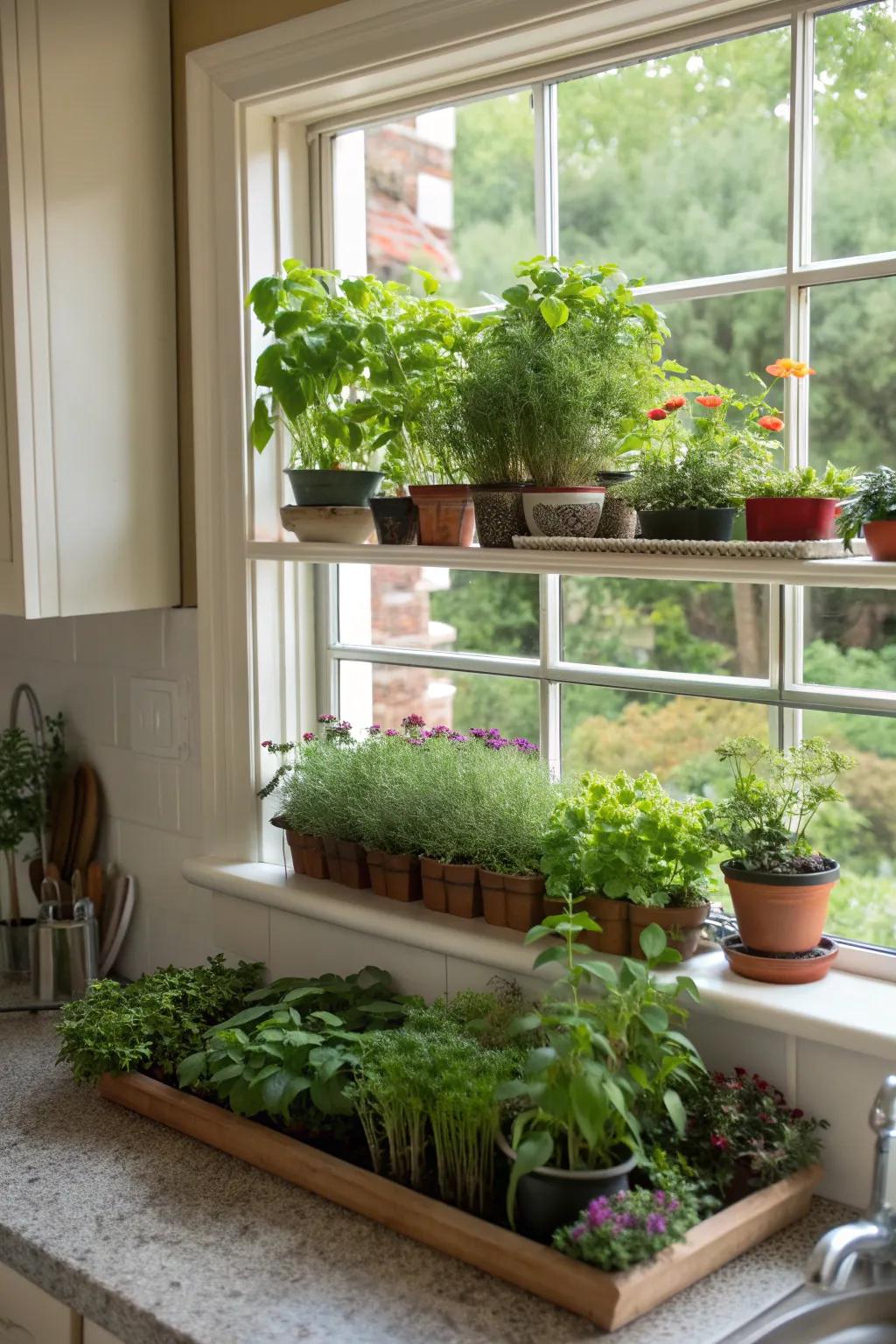A creatively utilized garden window with added shelving for plants.