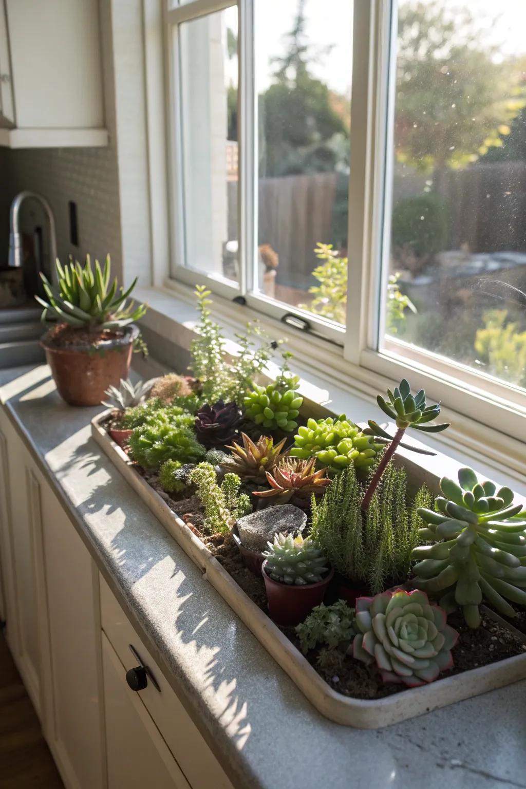 A diverse collection of succulents soaking up the sun in a kitchen window.