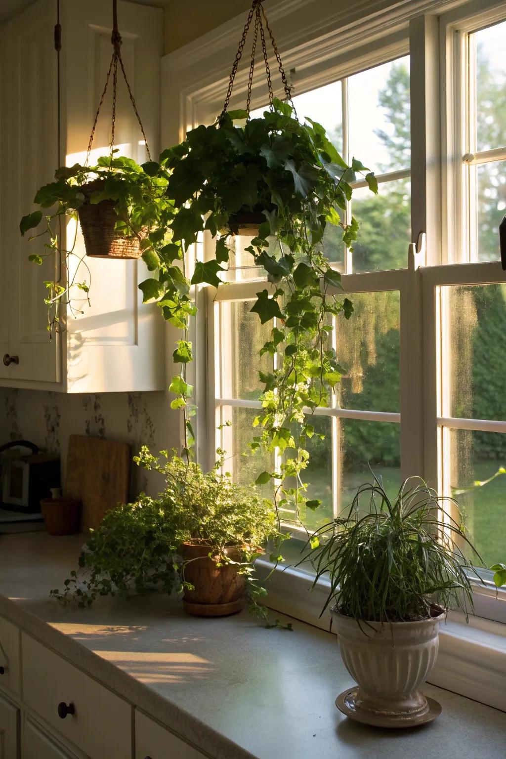 A dynamic display of hanging planters and trailing greenery.