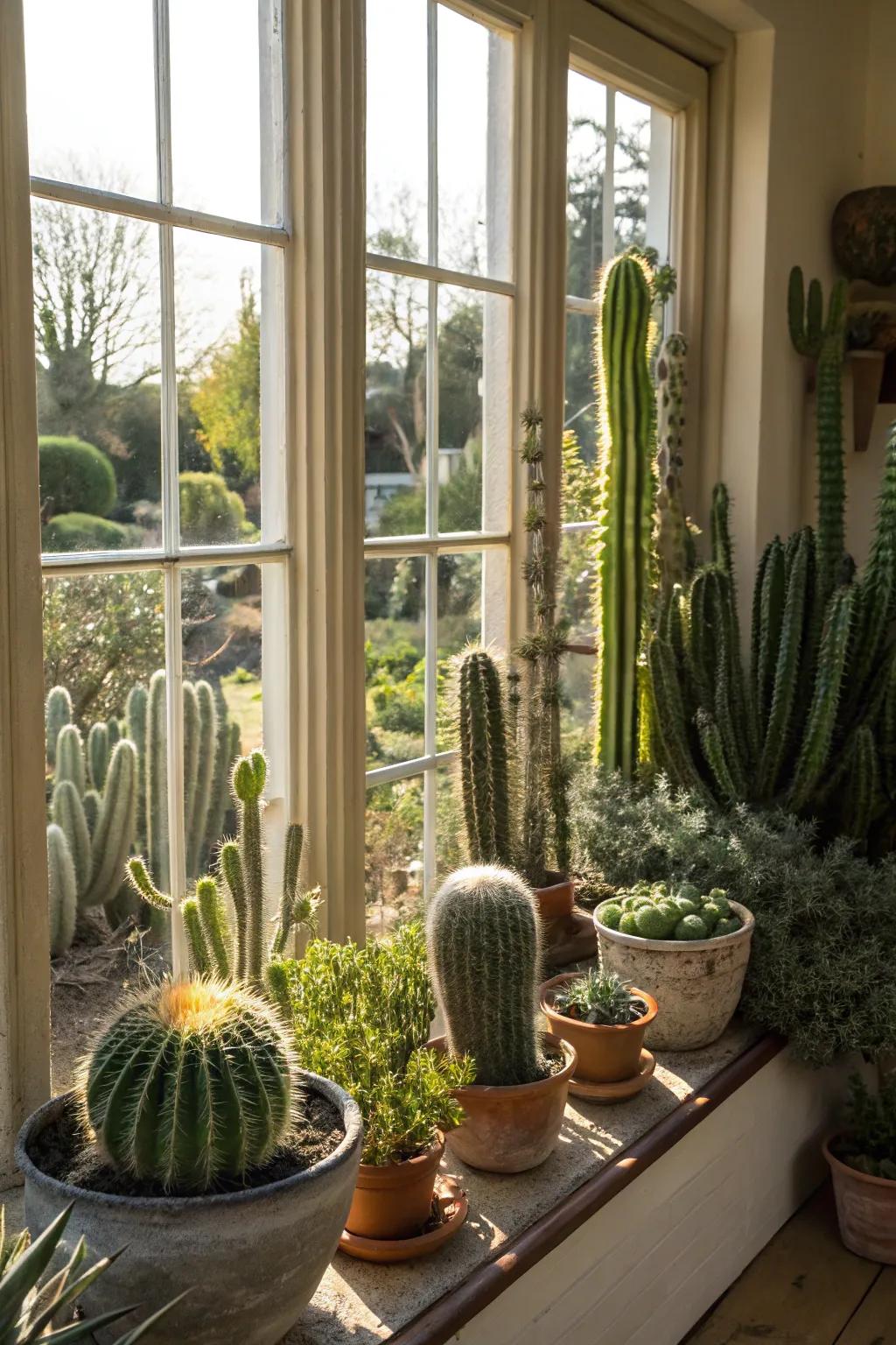 A kitchen window transformed into a miniature desert landscape with cacti.