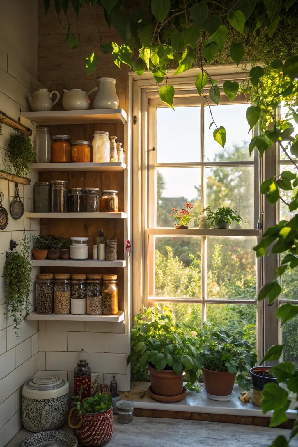 A functional use of window shelves for storage and decoration.