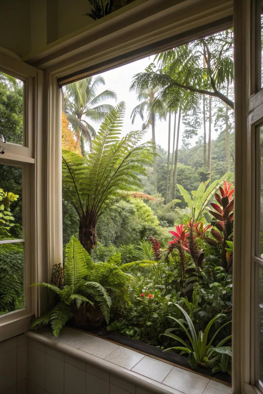 A mini jungle thriving in a kitchen window, offering an exotic ambiance.