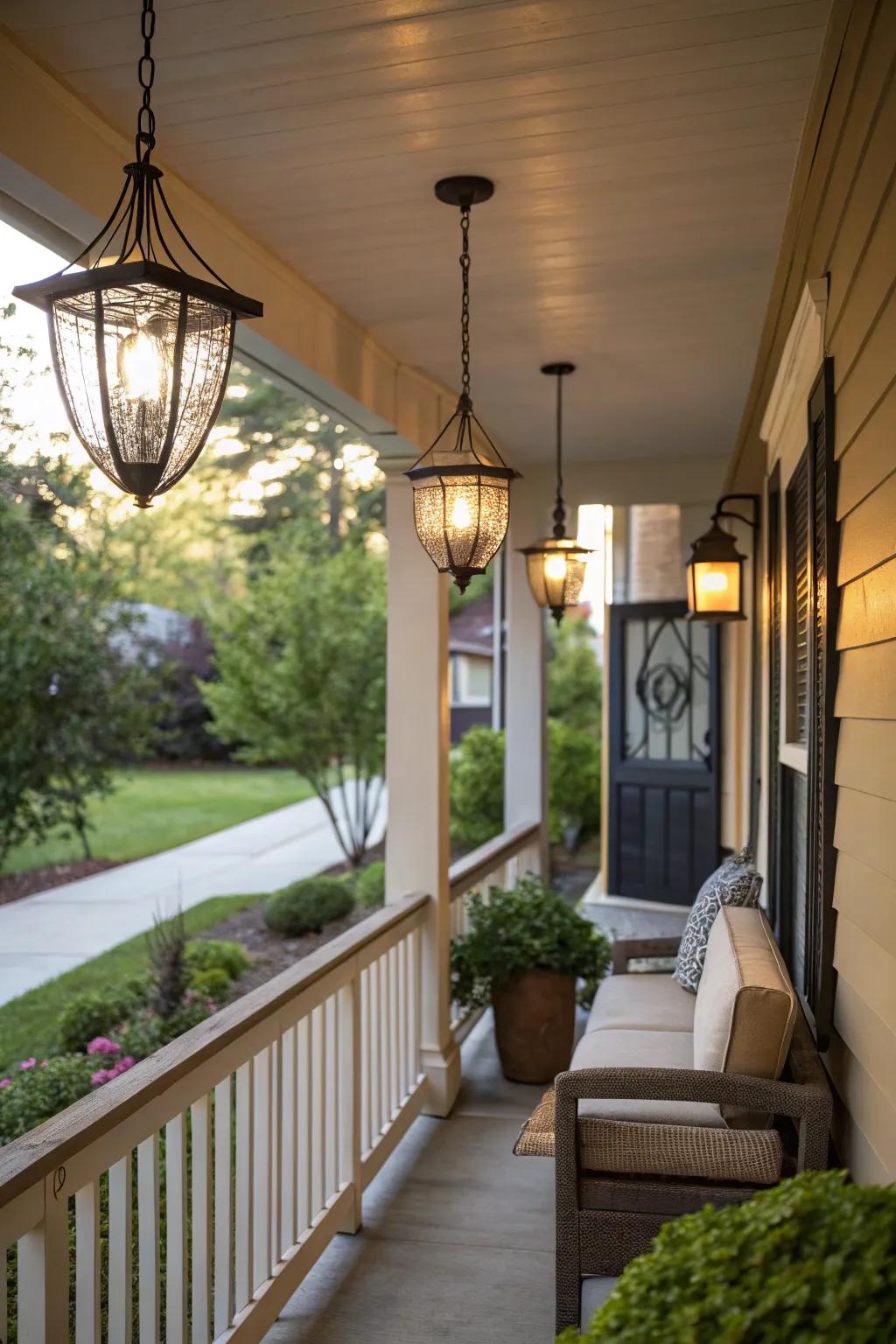 Outdoor pendant lights bring modern charm to this porch.
