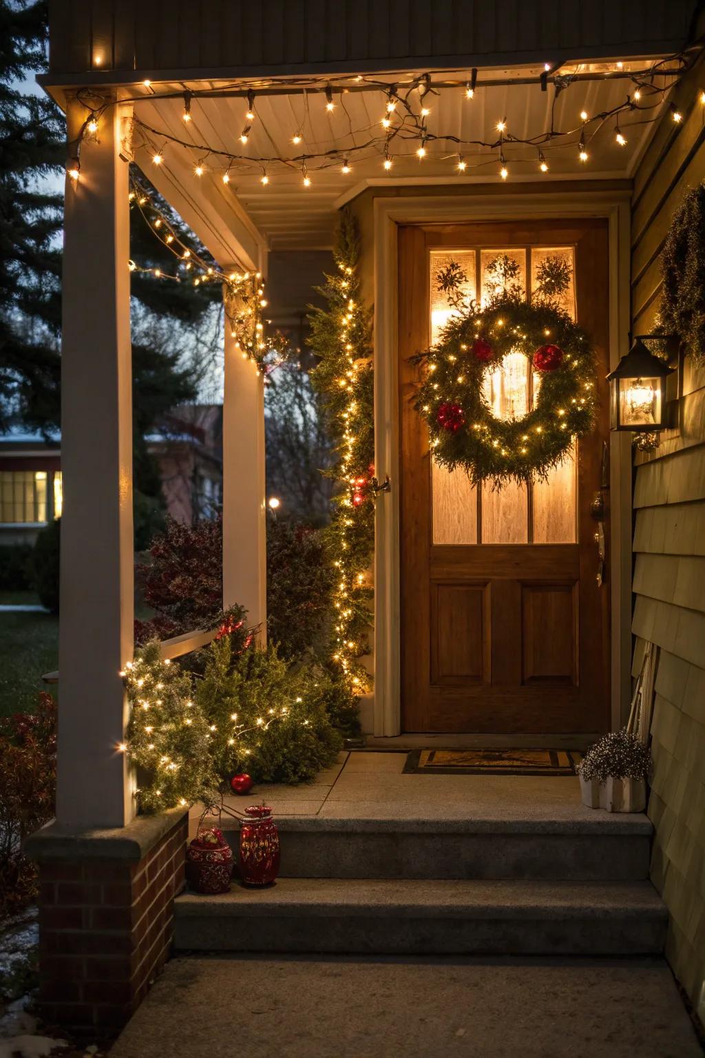 Lit wreath and doorway decor create a welcoming entrance.