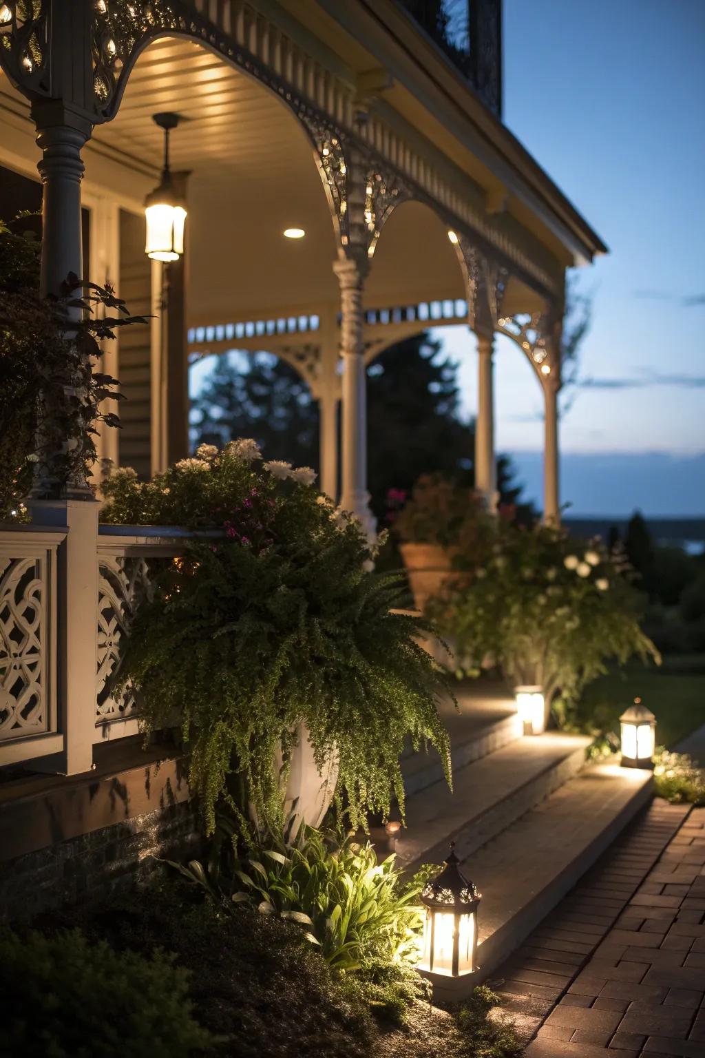 Accent lighting highlights the beauty of this porch's features.