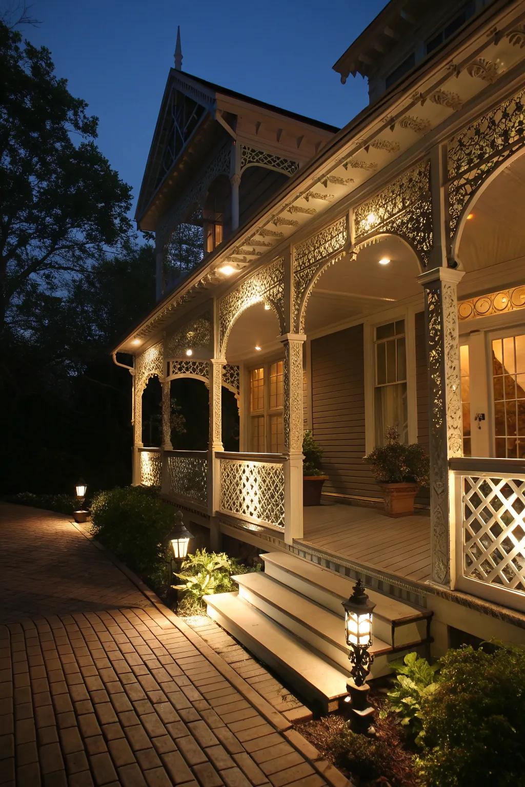 Spotlights emphasize the architectural beauty of this porch.