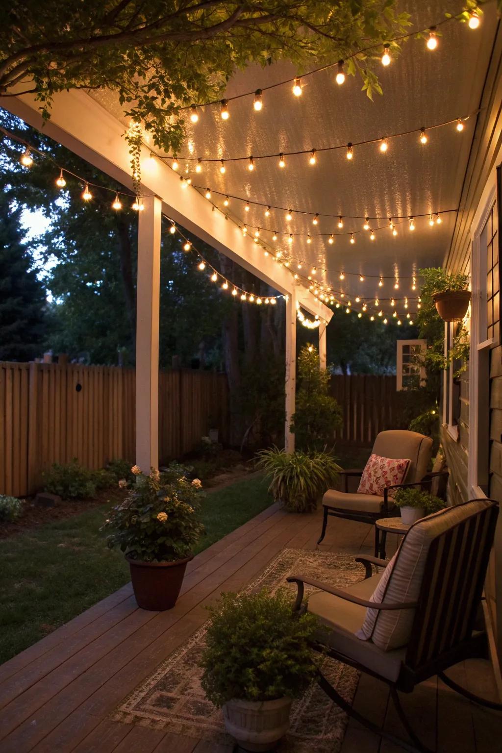String lights transform this porch into a dreamy, inviting space.